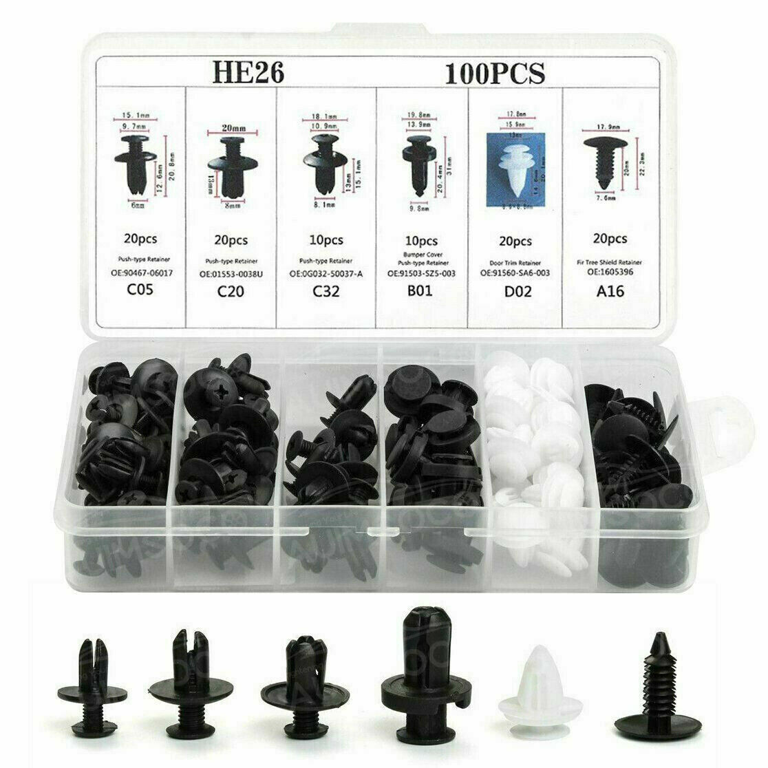 100x Box Set Bumper Fender Liner Push Type Retainer Clips for Honda car Fastener