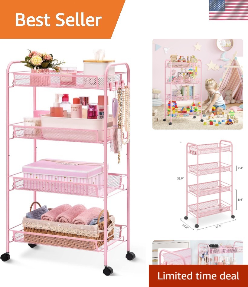 Rolling Utility Cart Pink Metal 4 Tier Storage Trolley on Wheels with Hooks