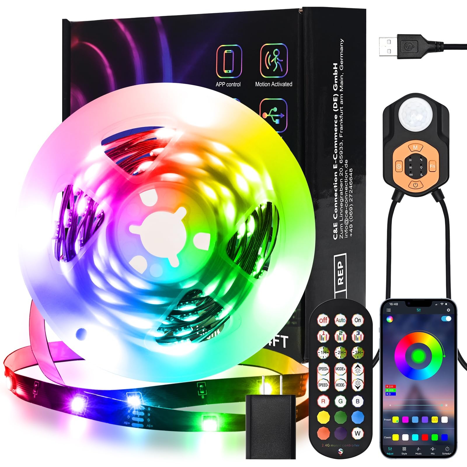 Motion Sensor LED Light Strip Indoor 19.68ft/6M, Under Bed Lights RGB Color C...