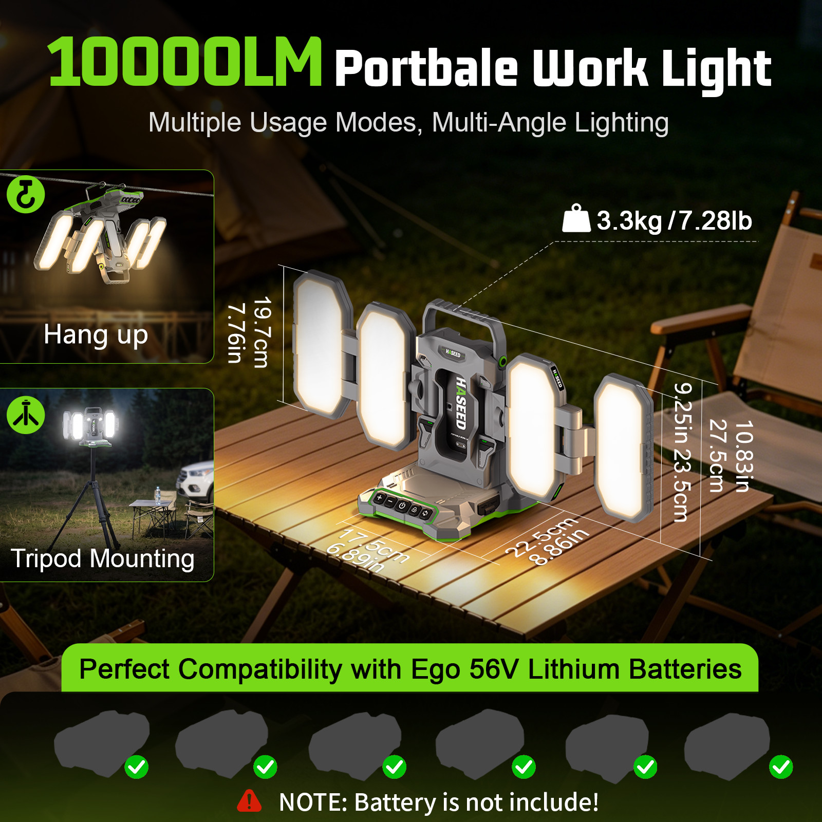 10000LM LED Work Light for EGO 56V Battery Foldable 4 Panel with Mini Light