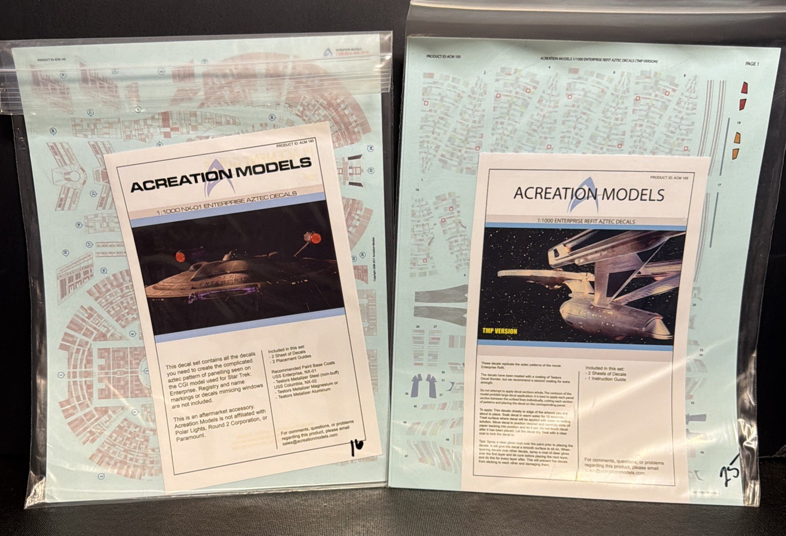 2 Acreation Models Enterprise 1:1000 Aztec Decals Model #17 US Sellr NIP 140/105