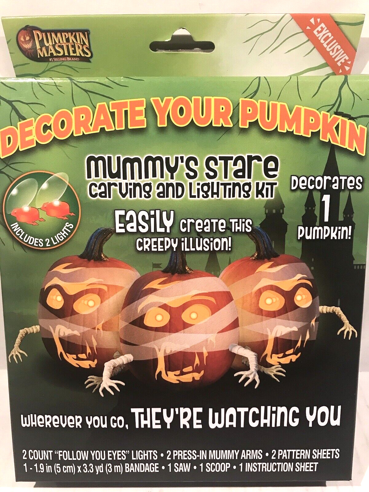 Carving & Lighting Kit Decorate Your Pumpkin Mummy Stare 2 Lights Saw Arms Scoop
