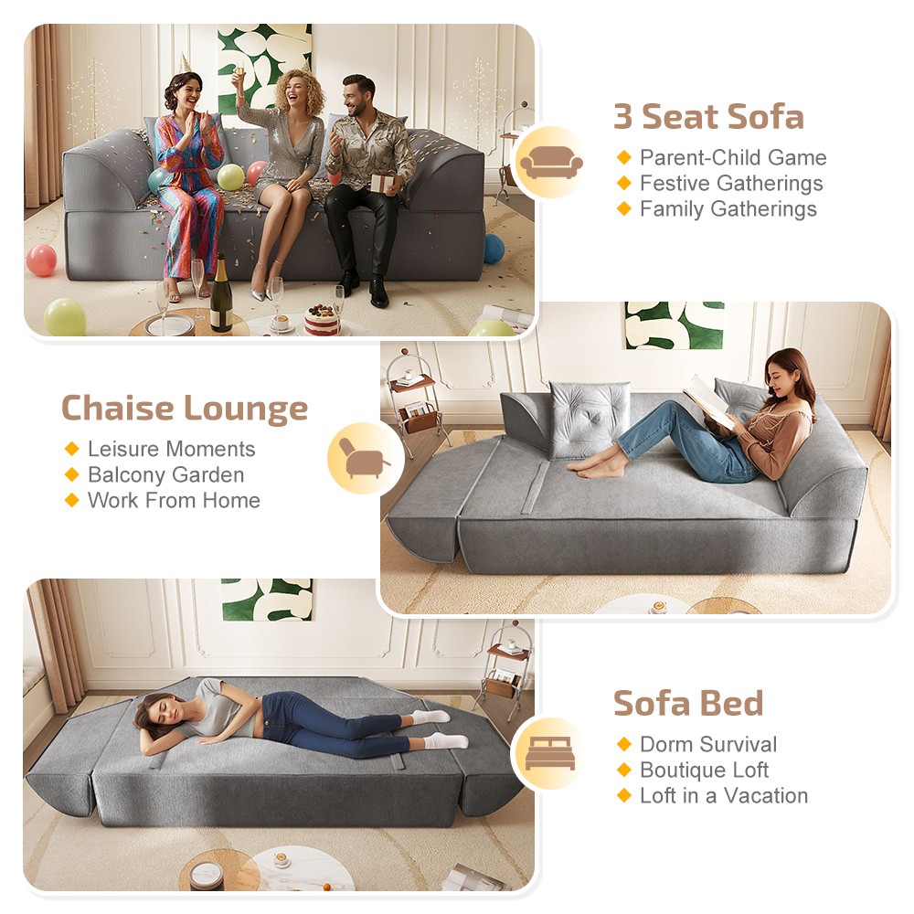 3-in-1 Convertible Sofa Bed w/ Pillows, Deep Seat 79.5" Chenille Couch, Grey