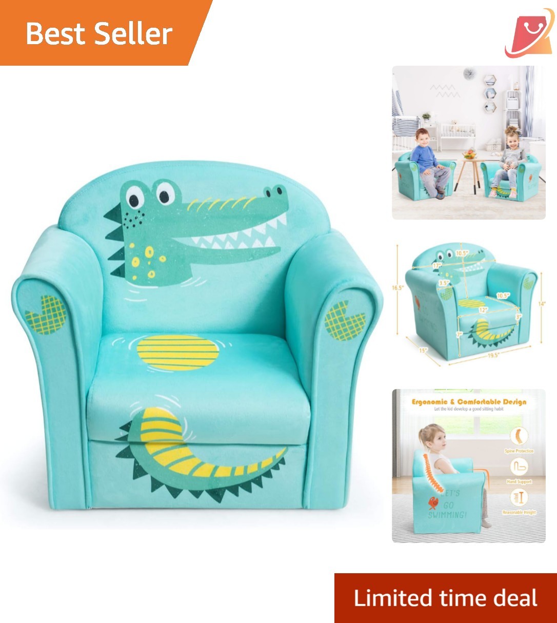 Kids Couch Children's Sofa Armrest Chair Toddler Furniture 15x20x17 Crocodile