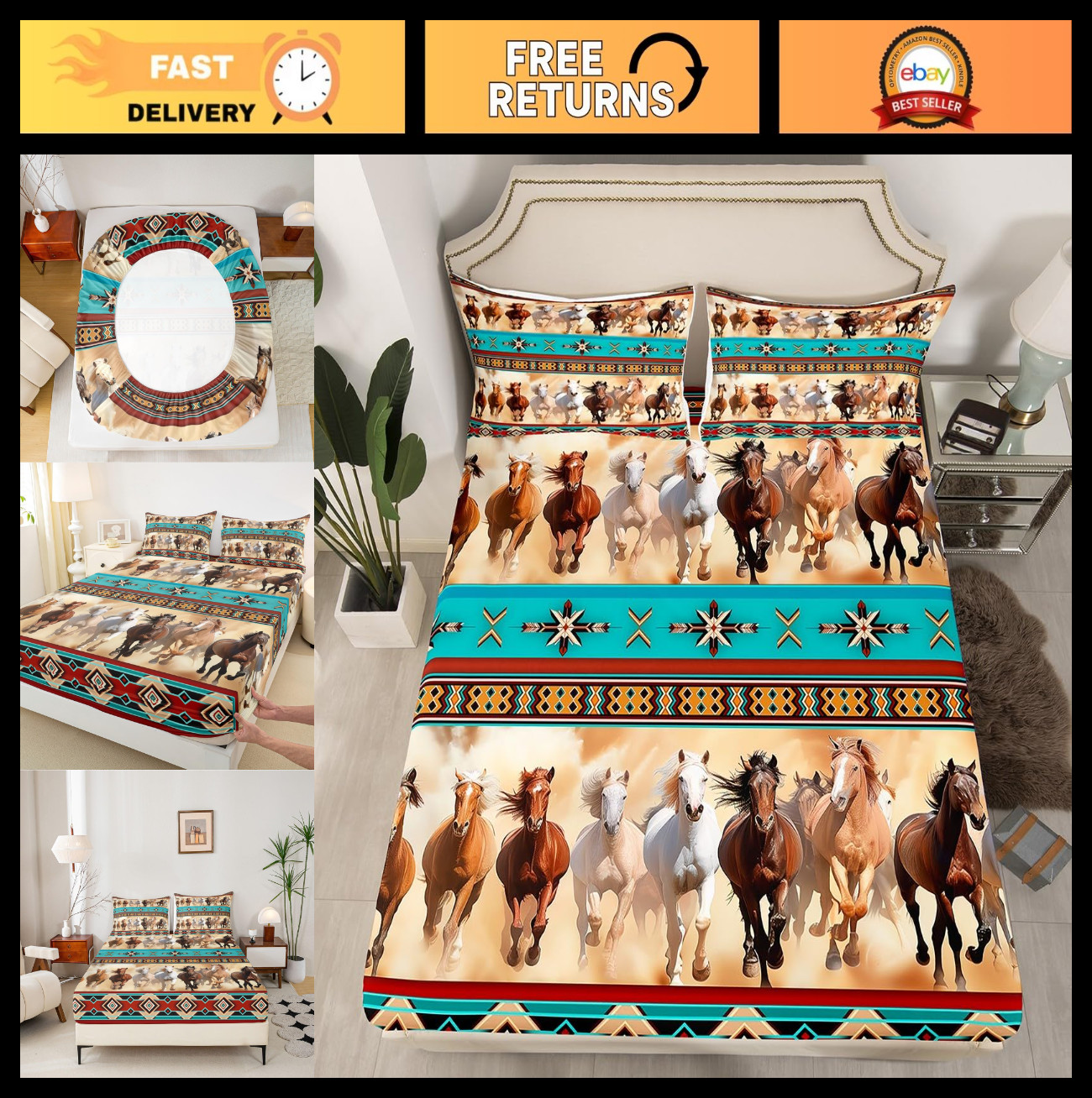 Bohemian Horse Print Fitted Sheet Full Size - Rustic Tribal Bedding Decor for Gi