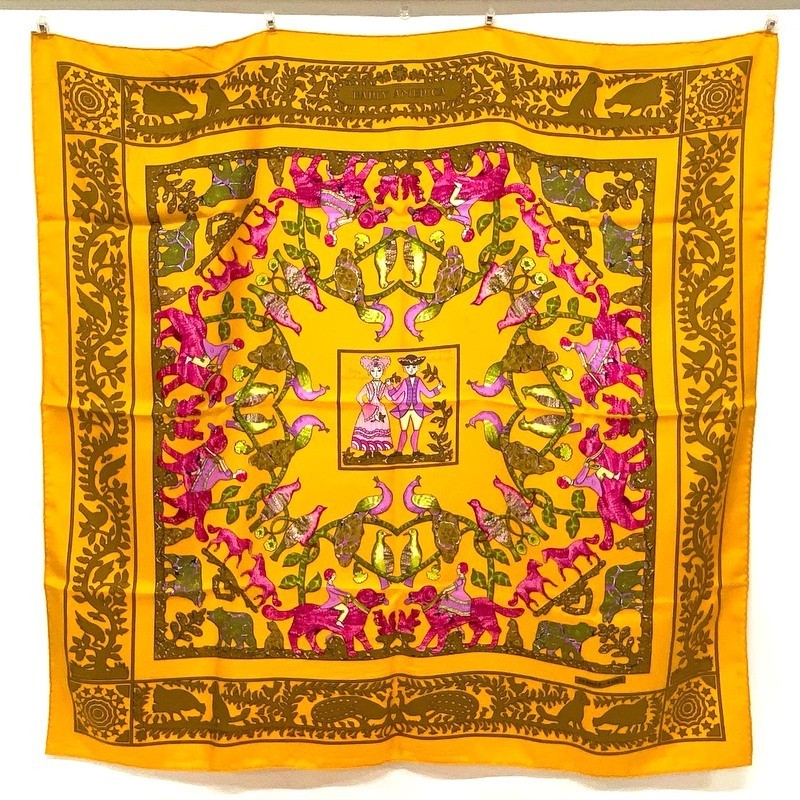 HERMES    Carre 90 Scarf EARLY AMERICA Good Old America 90 90 Orange Khaki Pink