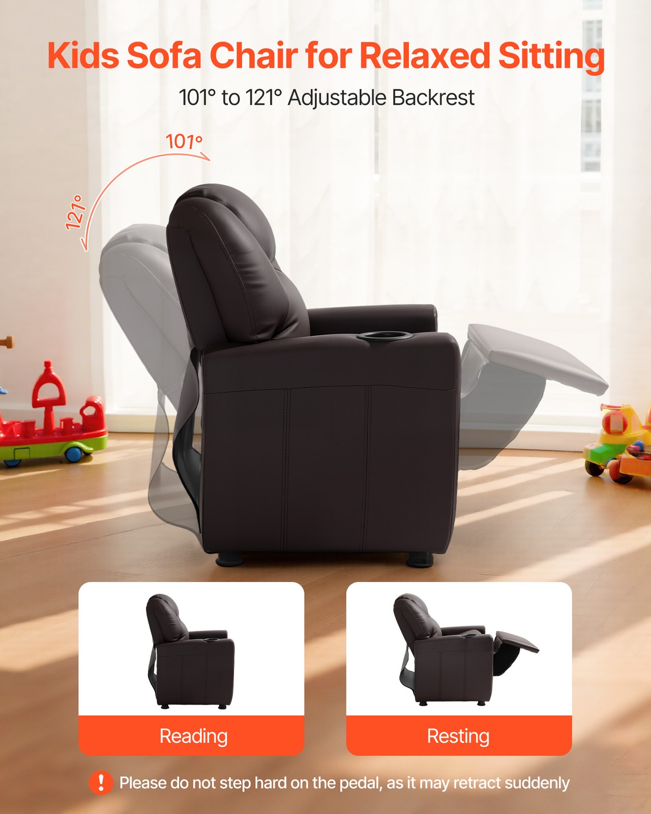 VEVOR Kids Reclining Chair PU Leather Toddler Recliner with Cup Holder (Brown)