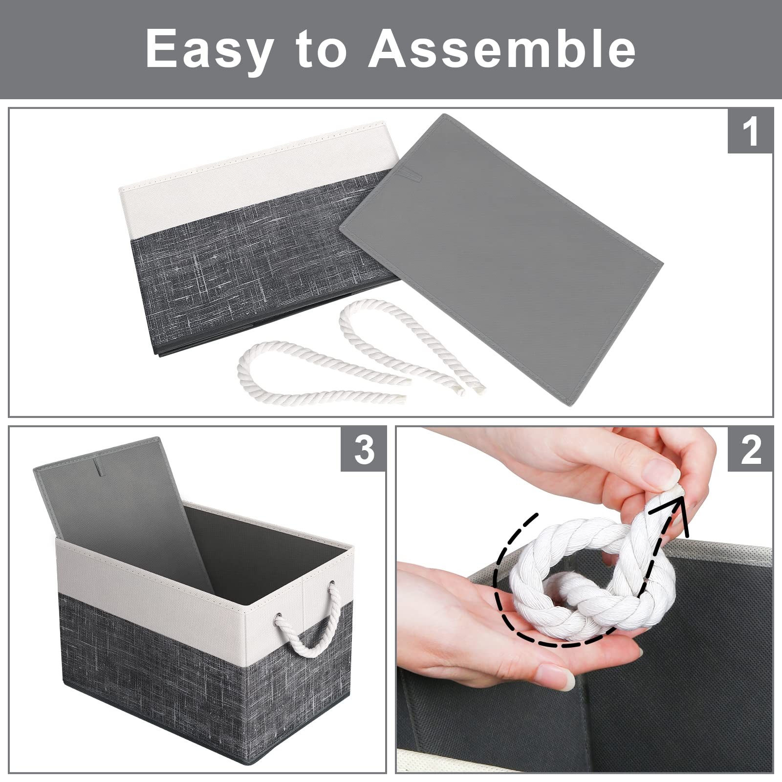 Large Foldable Storage Baskets Rope Handles Closet Boxes White Black 2 Pack