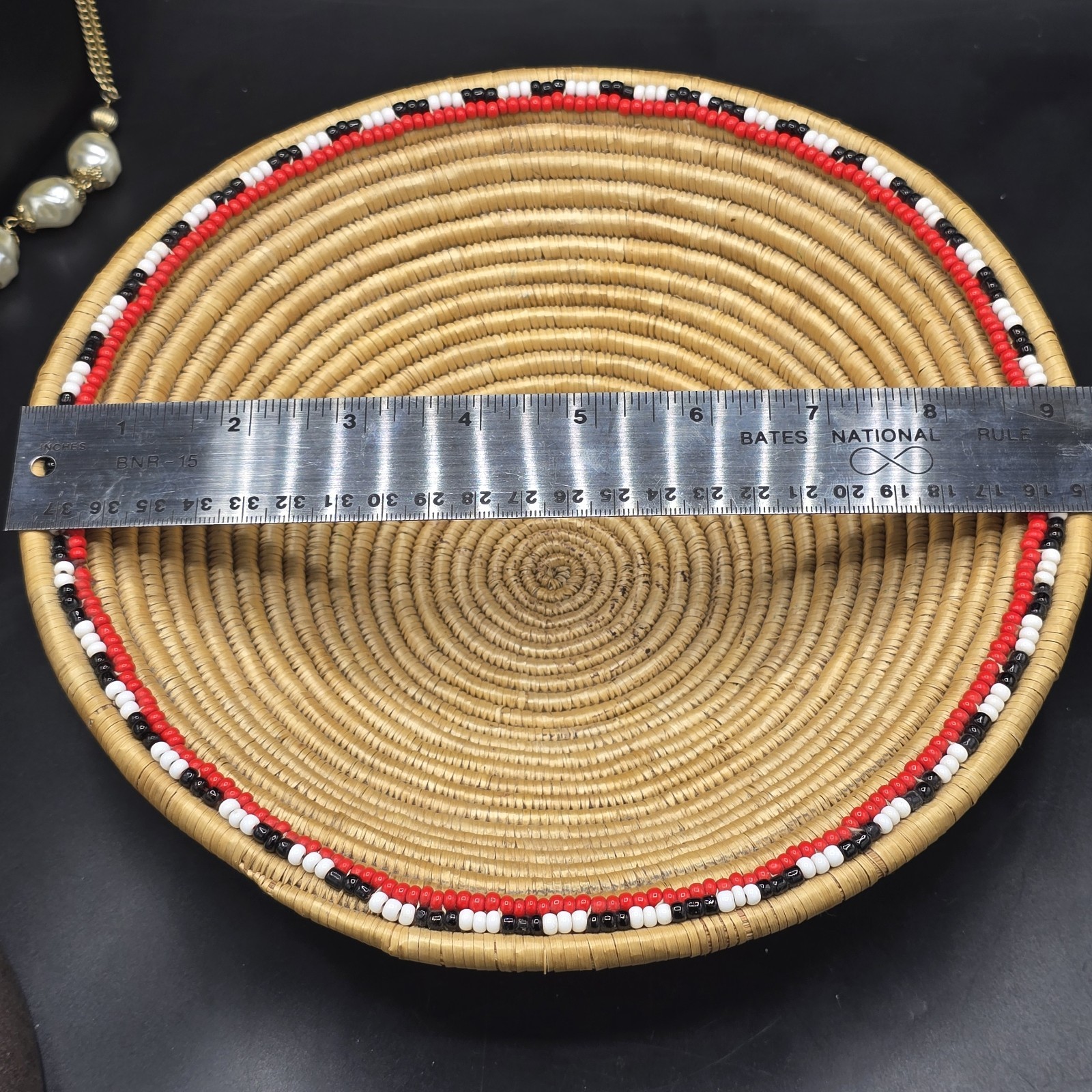 Handwoven Coil Basket with Red White Black Beaded Rim 10.5” Rustic Boho Decor