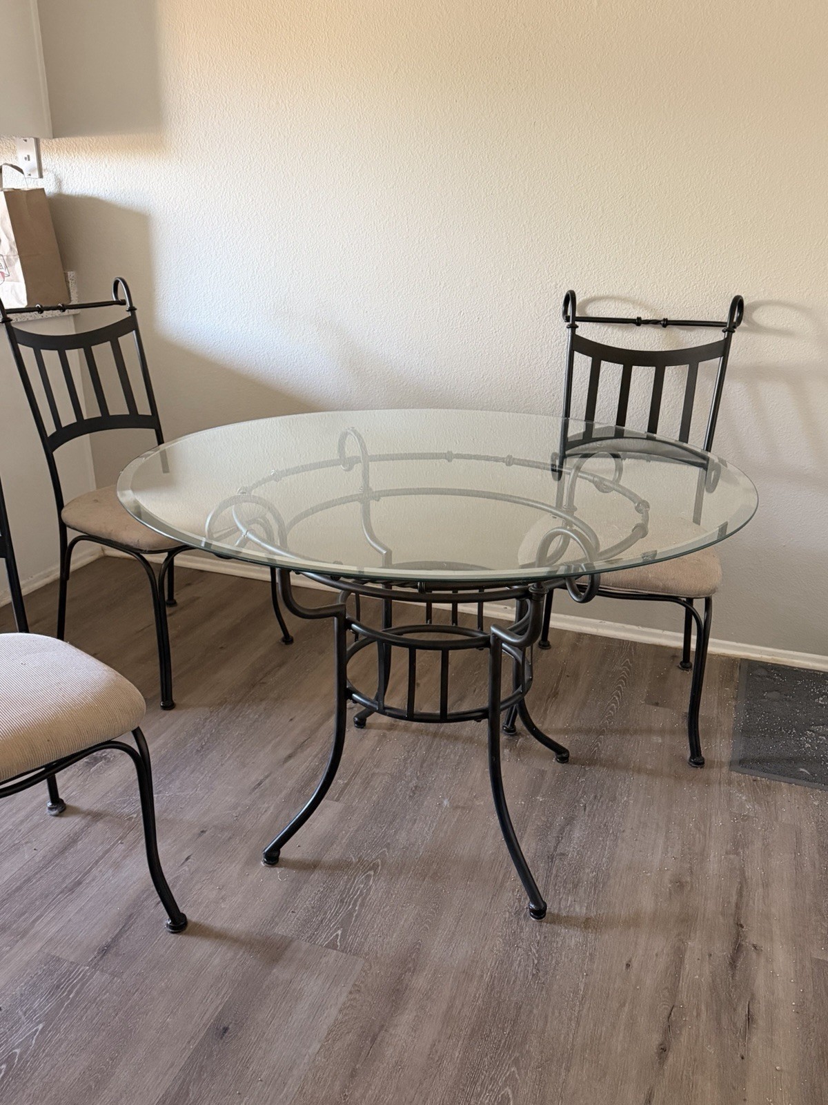 5-Piece Round Glass Top Dining Table Set w/ 4 Metal Chairs, Beige Cushions