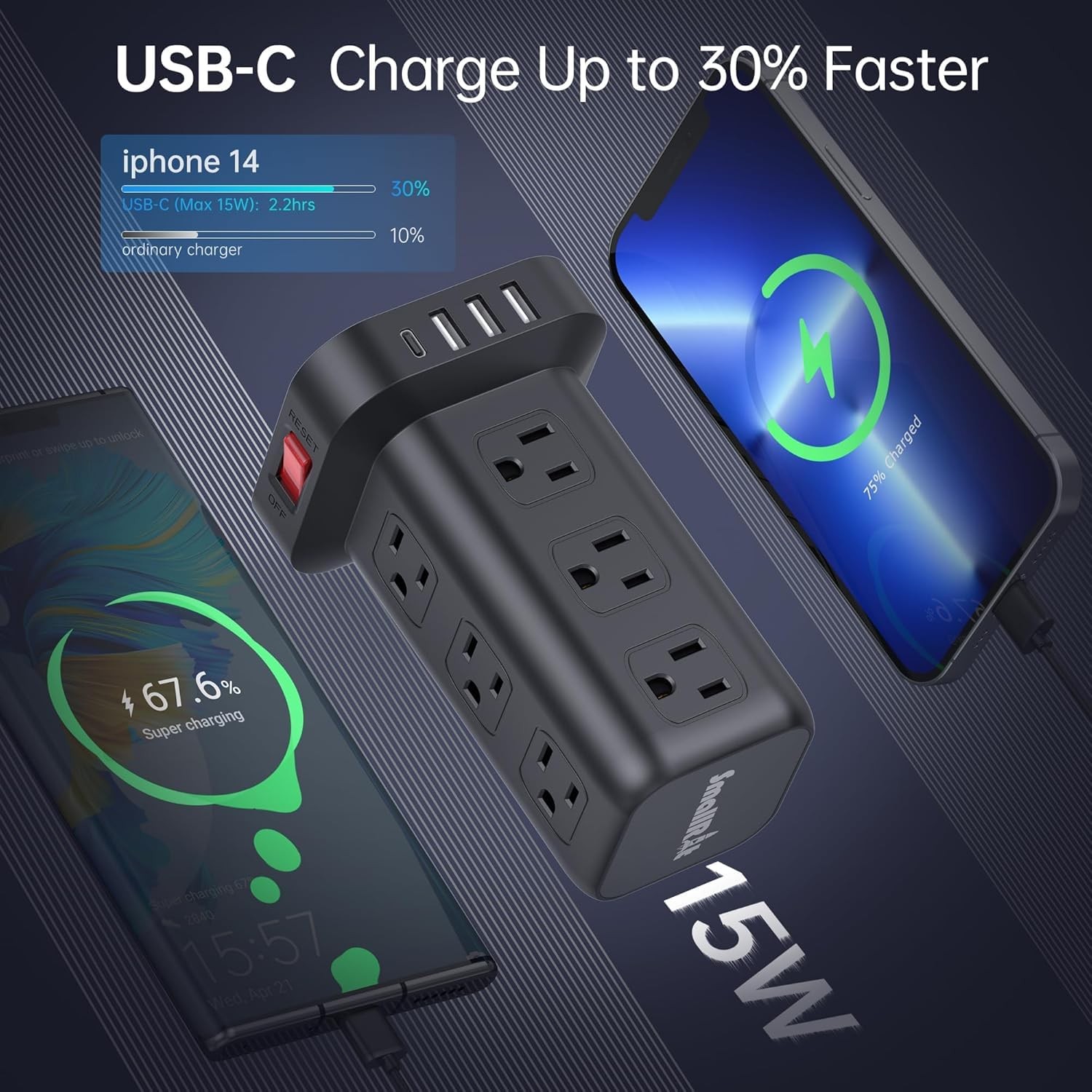 Extension Cord with Multiple Outlets, 6.5 Ft without wireless charging, Black