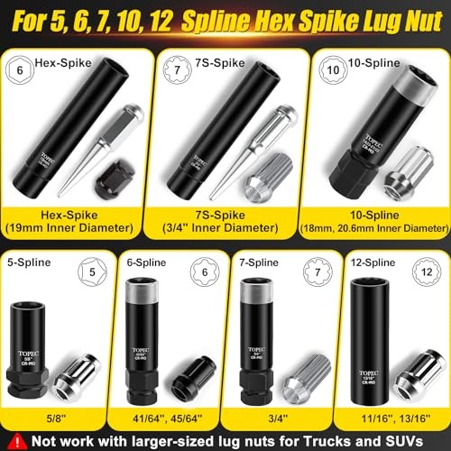 Topec 11PCS Master Lug Nut Key Set Spline Spike Hex