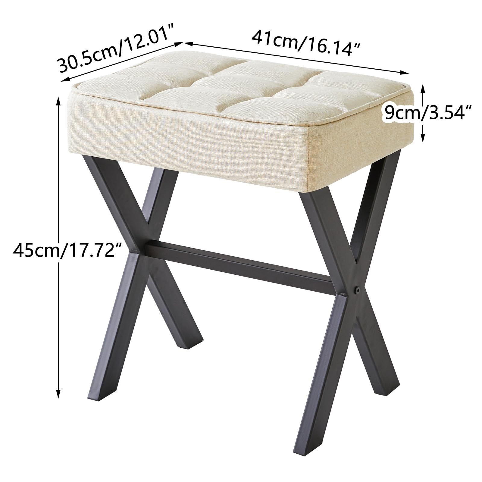 Square Makeup Stool with X-Leg Foot Rest, Linen Footrest, Ottoman Seat, Multi...