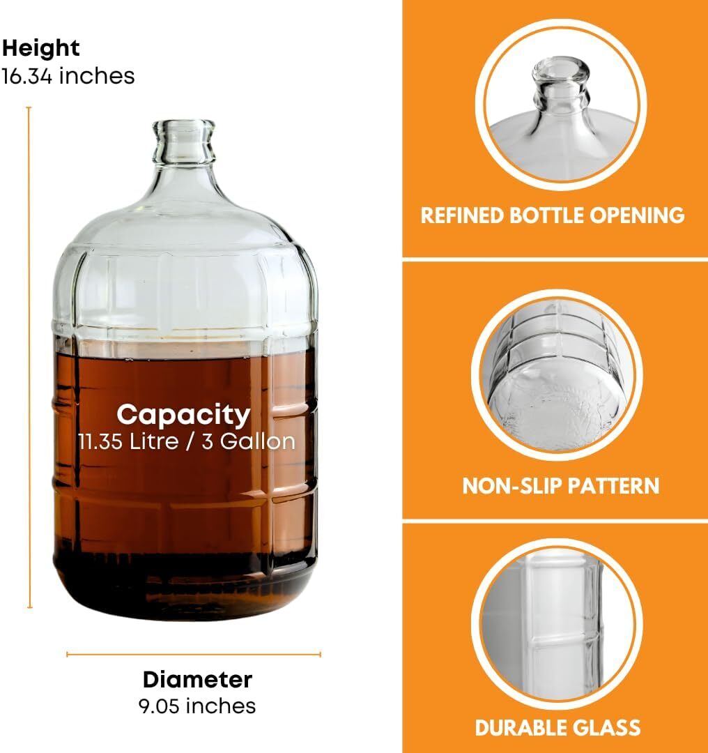 3 Gallon Glass Carboy | Clear Fermenter for Wine & Beer |#7 Stopper NOT Included