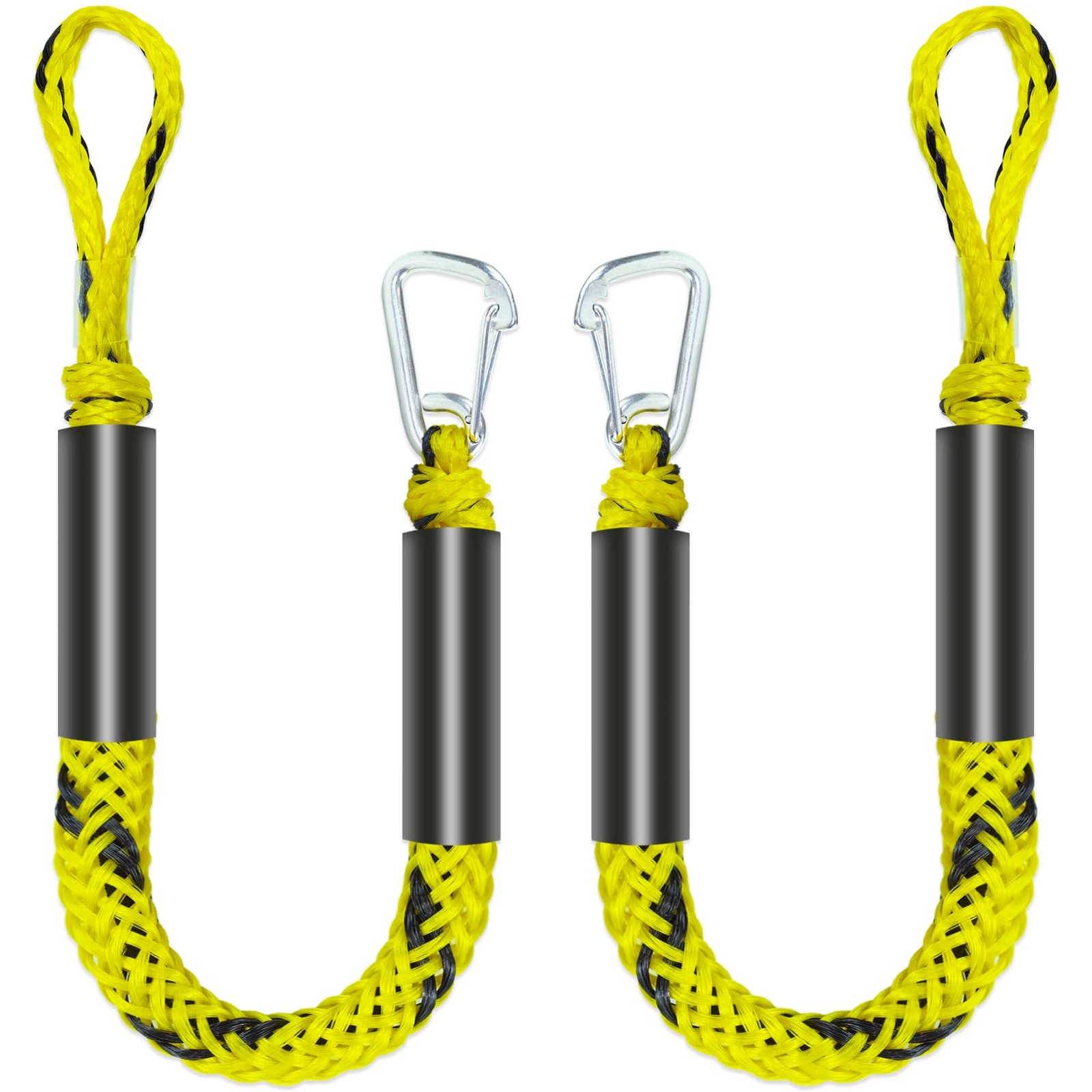 2 PCS 3ft Yellow, Black Bungee Dock Line, Stainless Steel Clip, Mooring Rope
