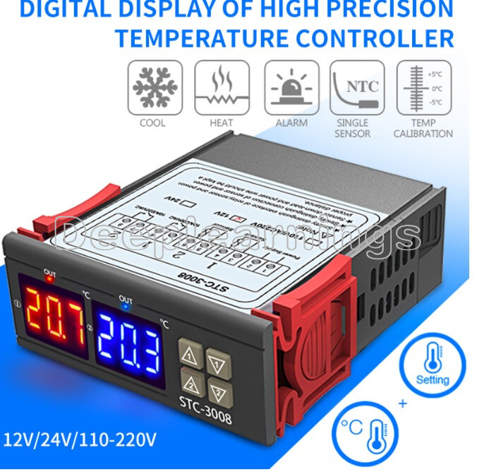 DC 12V Digital STC-3008 LED Display Dual Temperature Thermostat Controller Probe