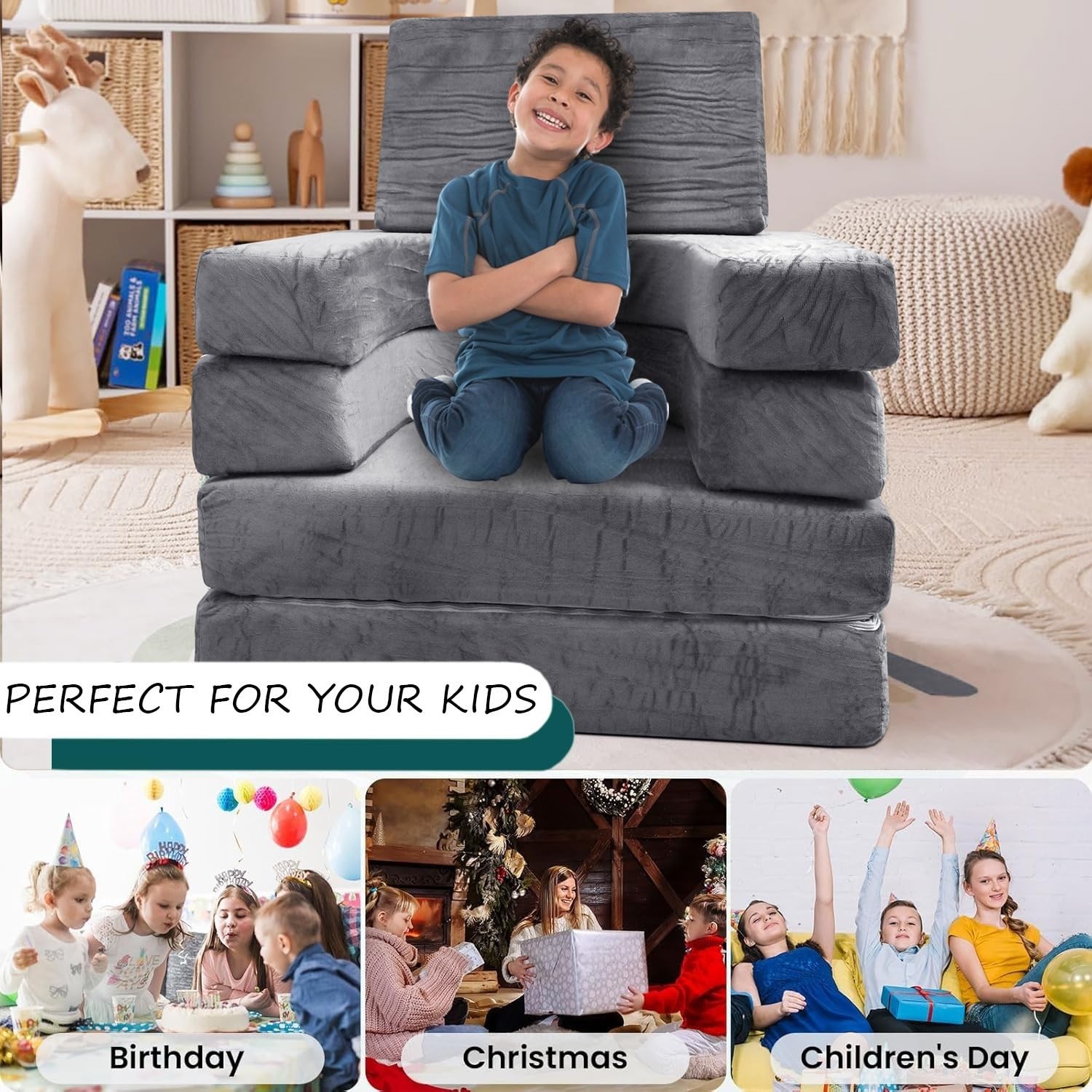 10 PCS Modular Play Couch with 6 Inflatable Balls – Convertible Foam and Floo...