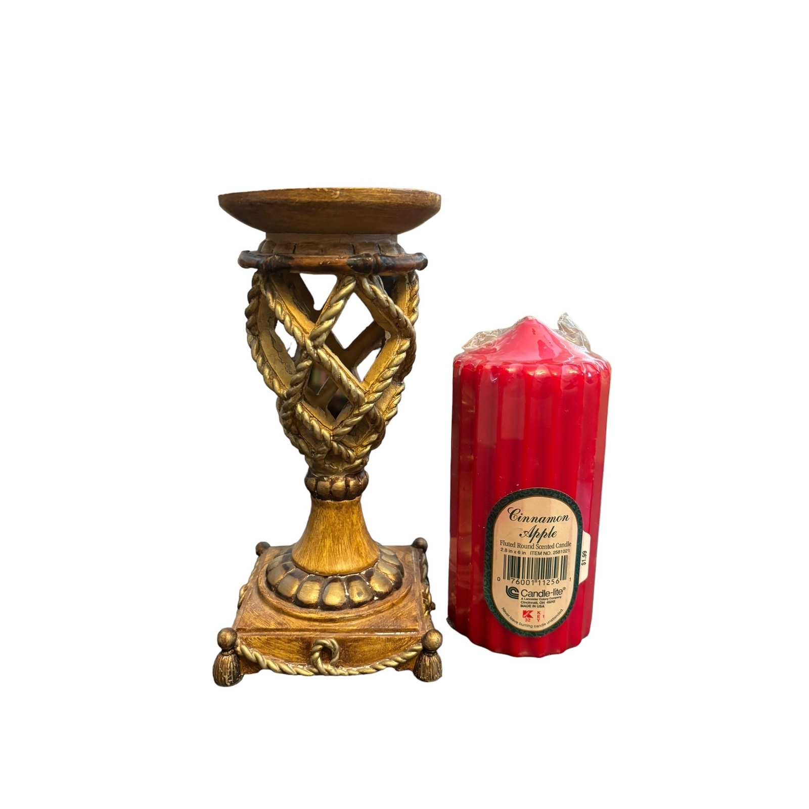 Elegant Tropical Motif Faux Rope & Bamboo Pillar Candle holders w/ Red Pillar Ca