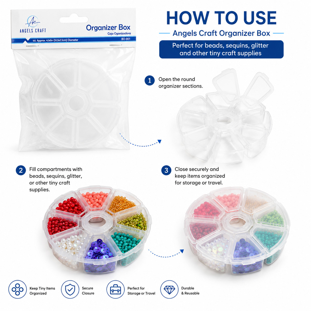 Angels Craft Clear Round Wheel Compartment Organizer Box