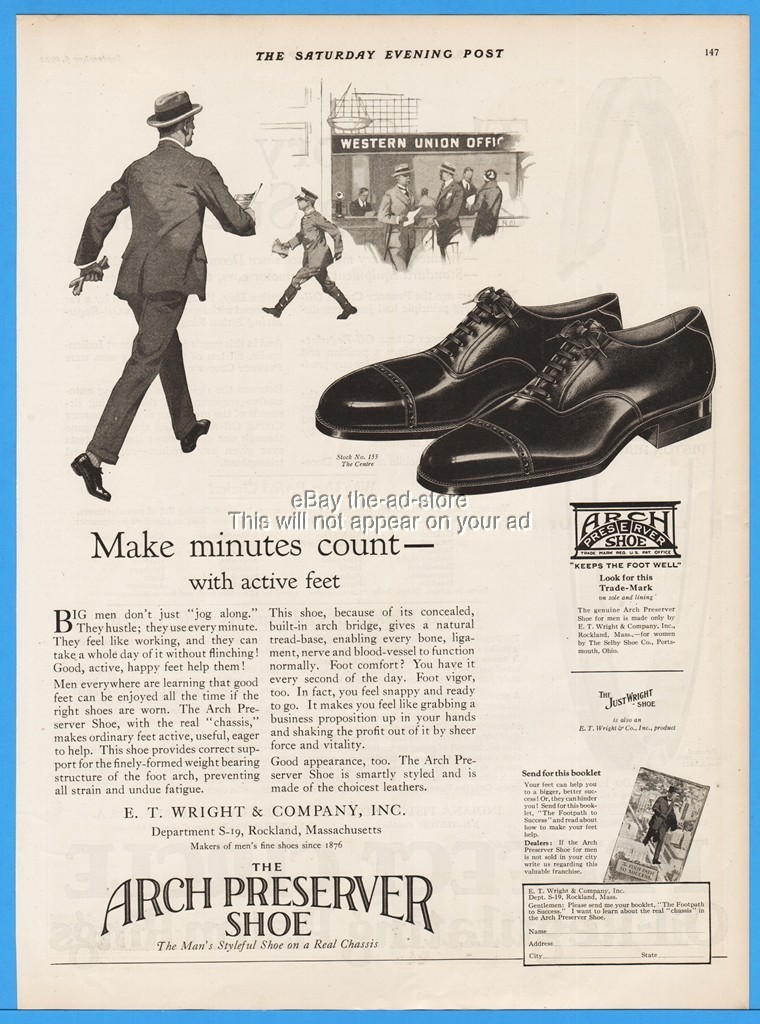 1924 Arch Preserver Mens Shoes E.T. Wright Rockland MA Make Minutes Count Ad