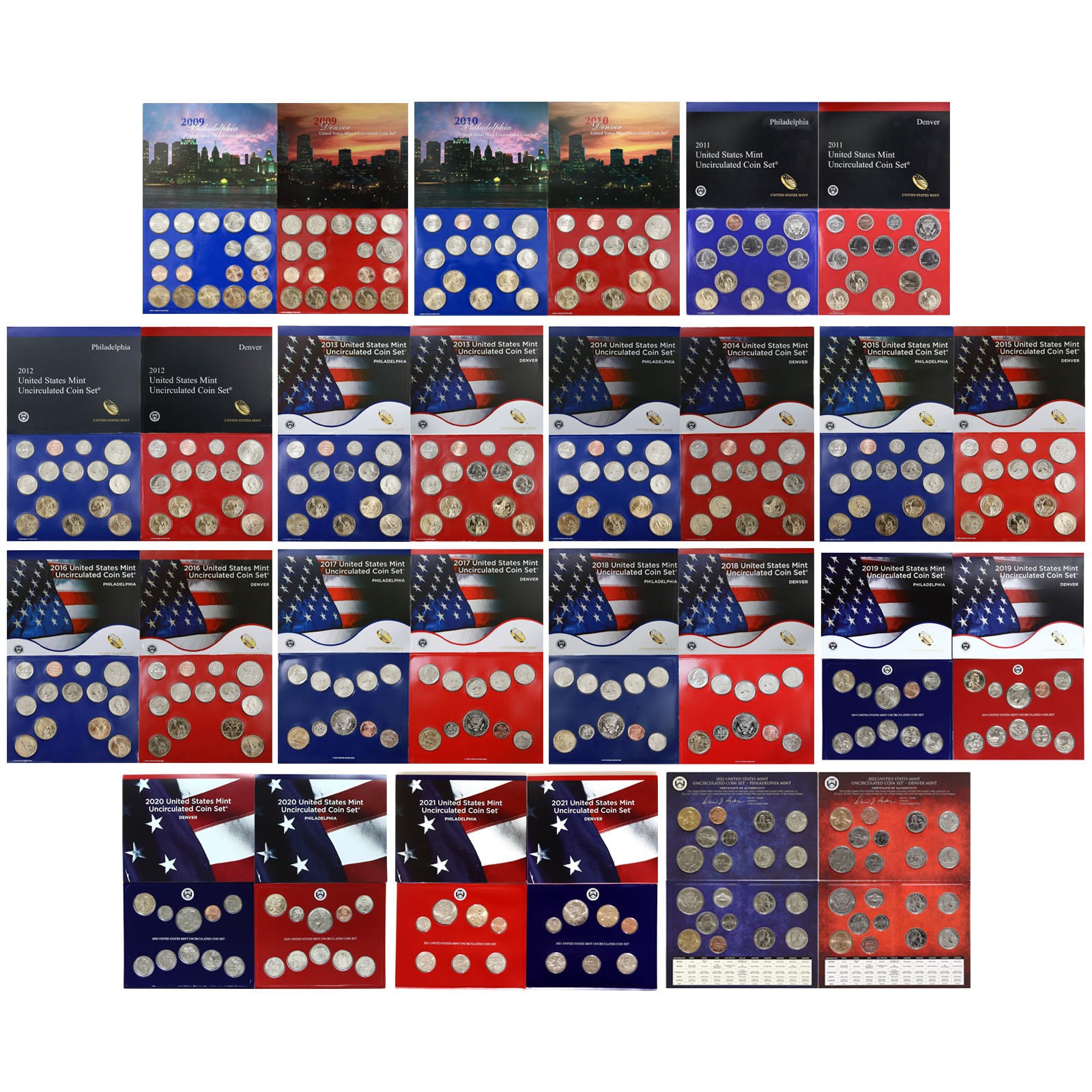2009-2022 Mint Set Run Original Envelopes 14 Sets 344 Coins