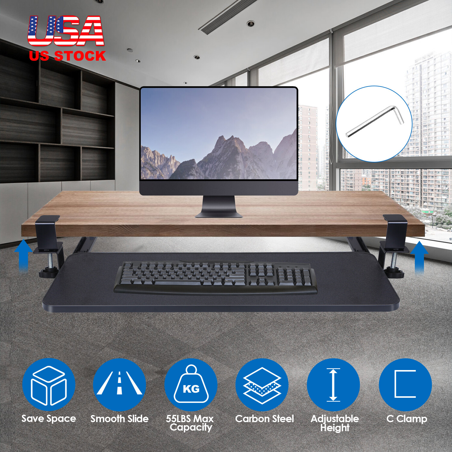 Under-Desk Keyboard Tray, Adjustable for Height & Tilt, Spacious Surface