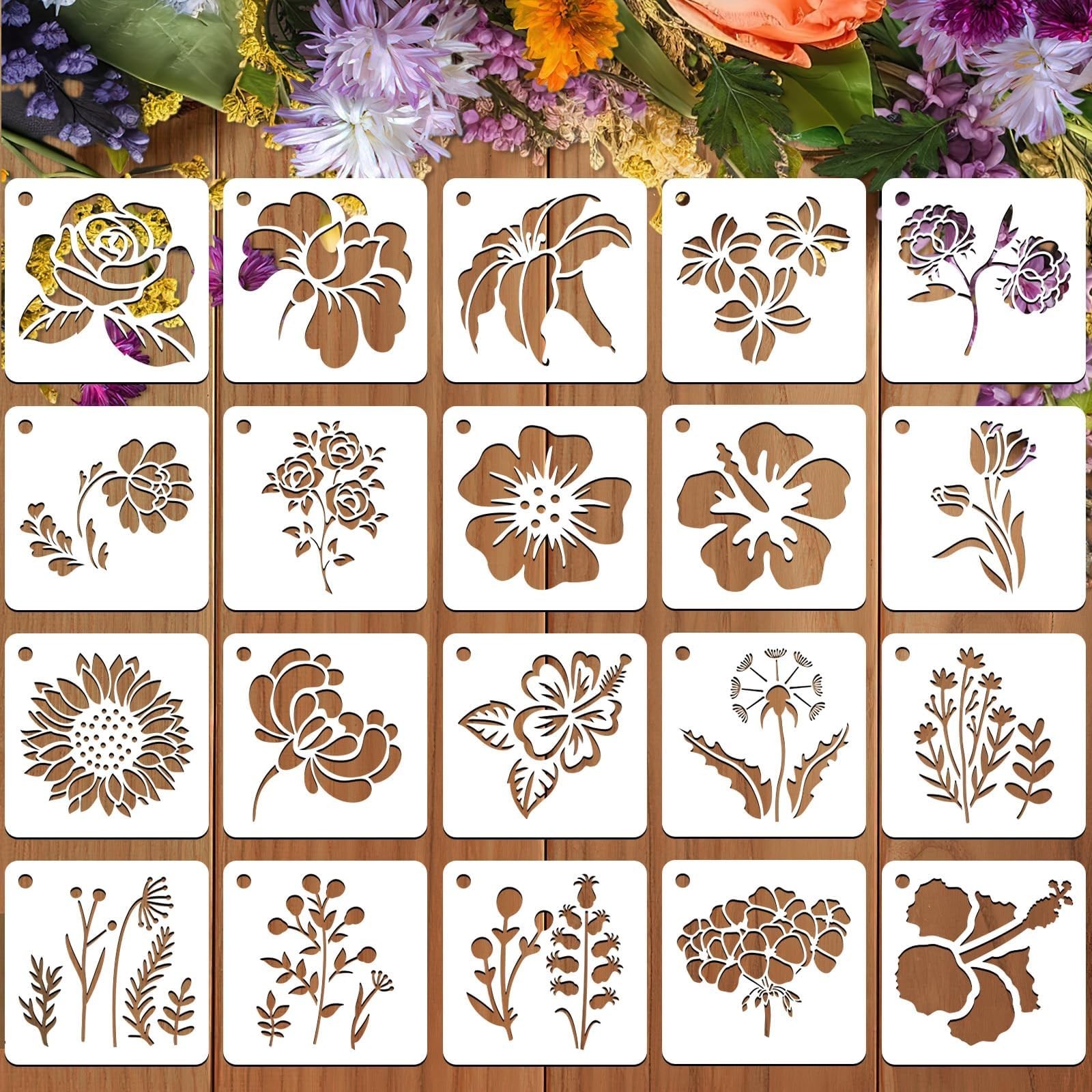 JULMELON Flower Stencils for Wood, 20Pcs Sunflower Painting Stencil Reusable ...