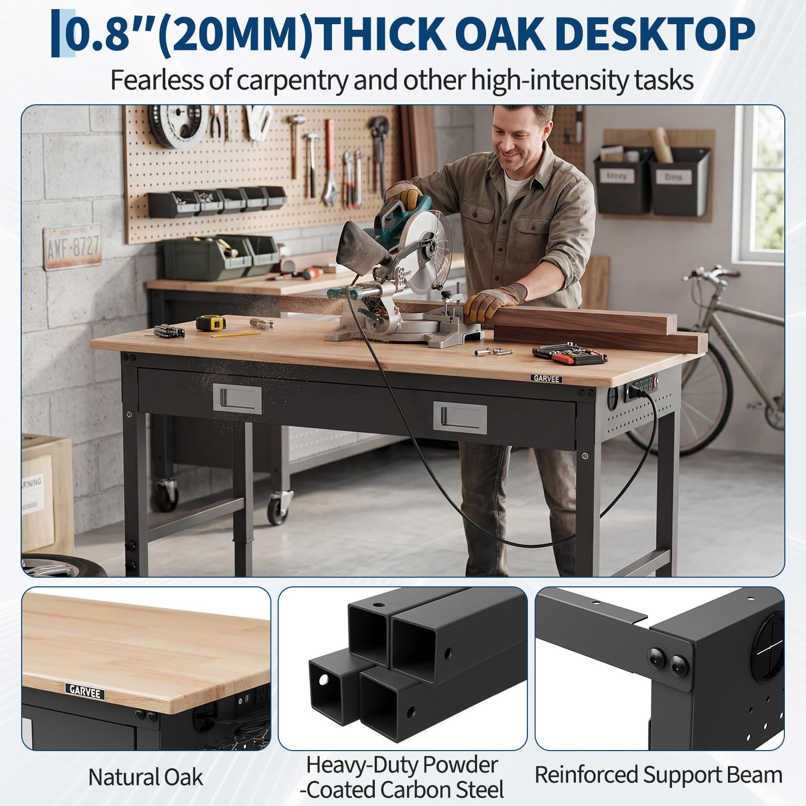 48" Workbench Adjustable Work Table Garage 2000LBS with Power Outlets & Drawers