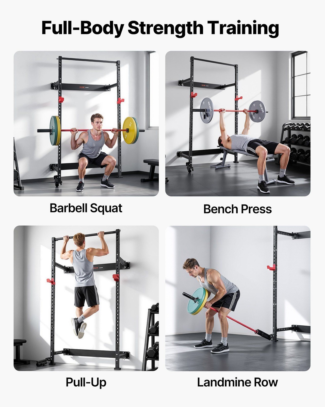 Wall-Mounted Folding Power Rack: 1000LB Capacity, Adjustable J-Hooks & Bar