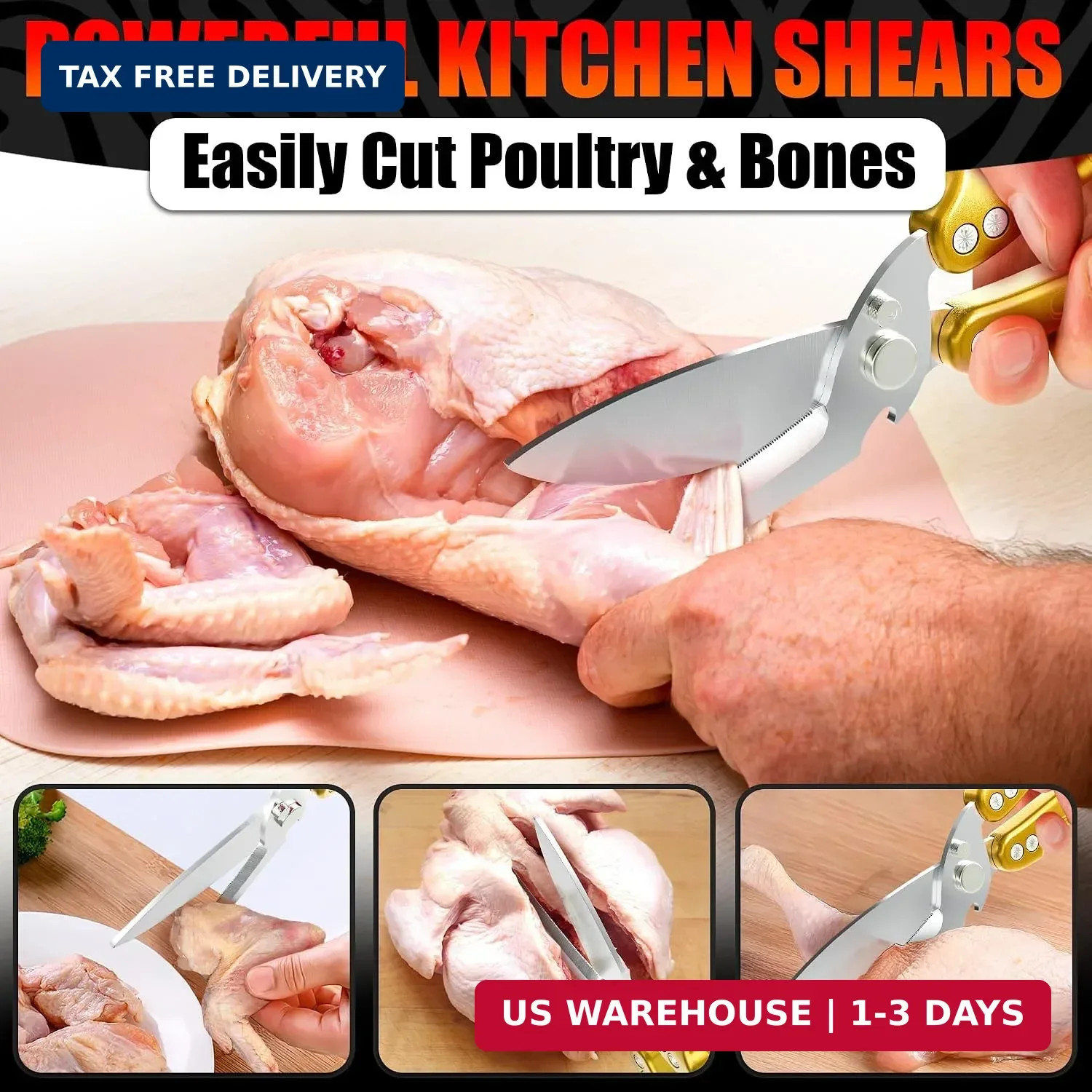 Heavy Duty Poultry Shears - Kitchen Shears Dishwasher Safe, Spring-Loaded, 3Cr14