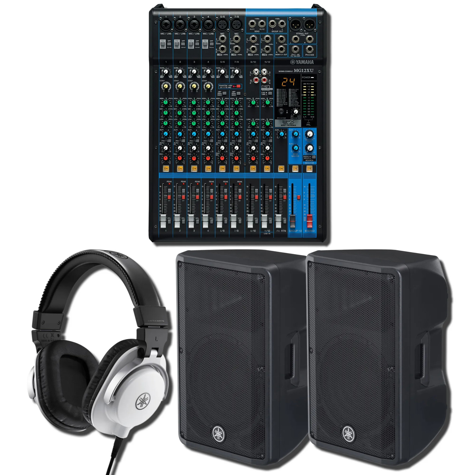 Yamaha MG12XU 12-Ch USB Mixer w/ 2x DBR12 1000W Speakers & HPH-MT5W Headphones