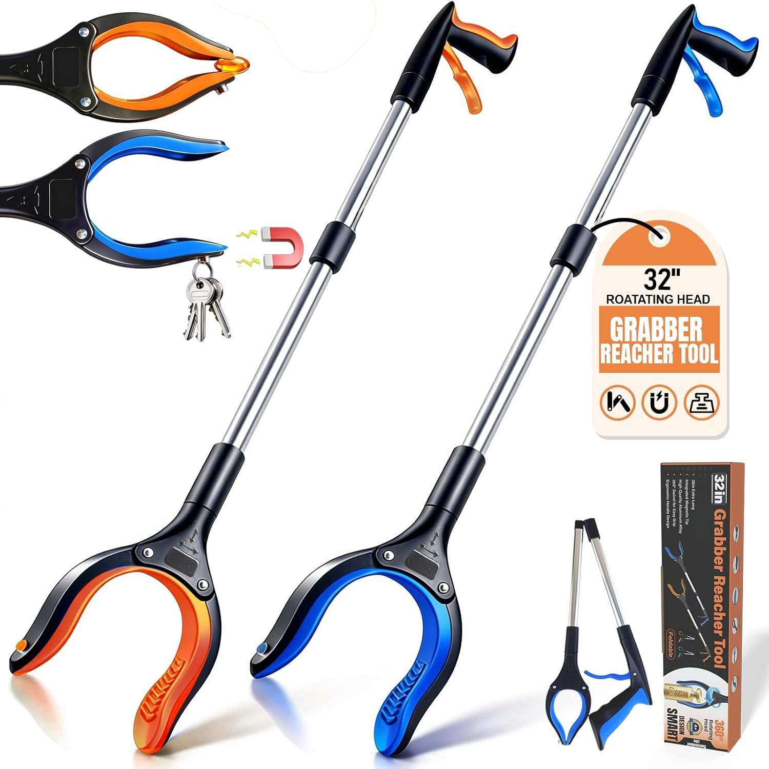2 Pack 32 Inch Grabber Reacher Tools,  Upgraded Strong Grip Foldable Pickup T...