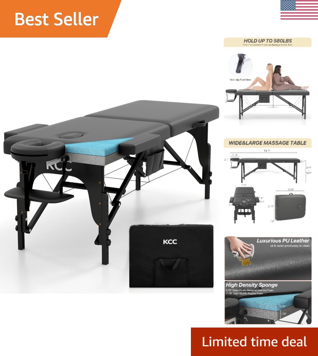 Comfortable & Portable 84" Memory Foam Massage Table with Accessories Included