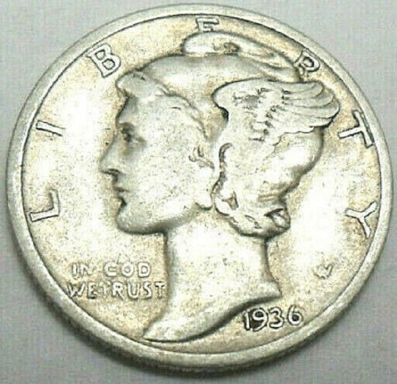 1936 D  Mercury Dime  90% Silver in Very Good VG to Fine F Condition