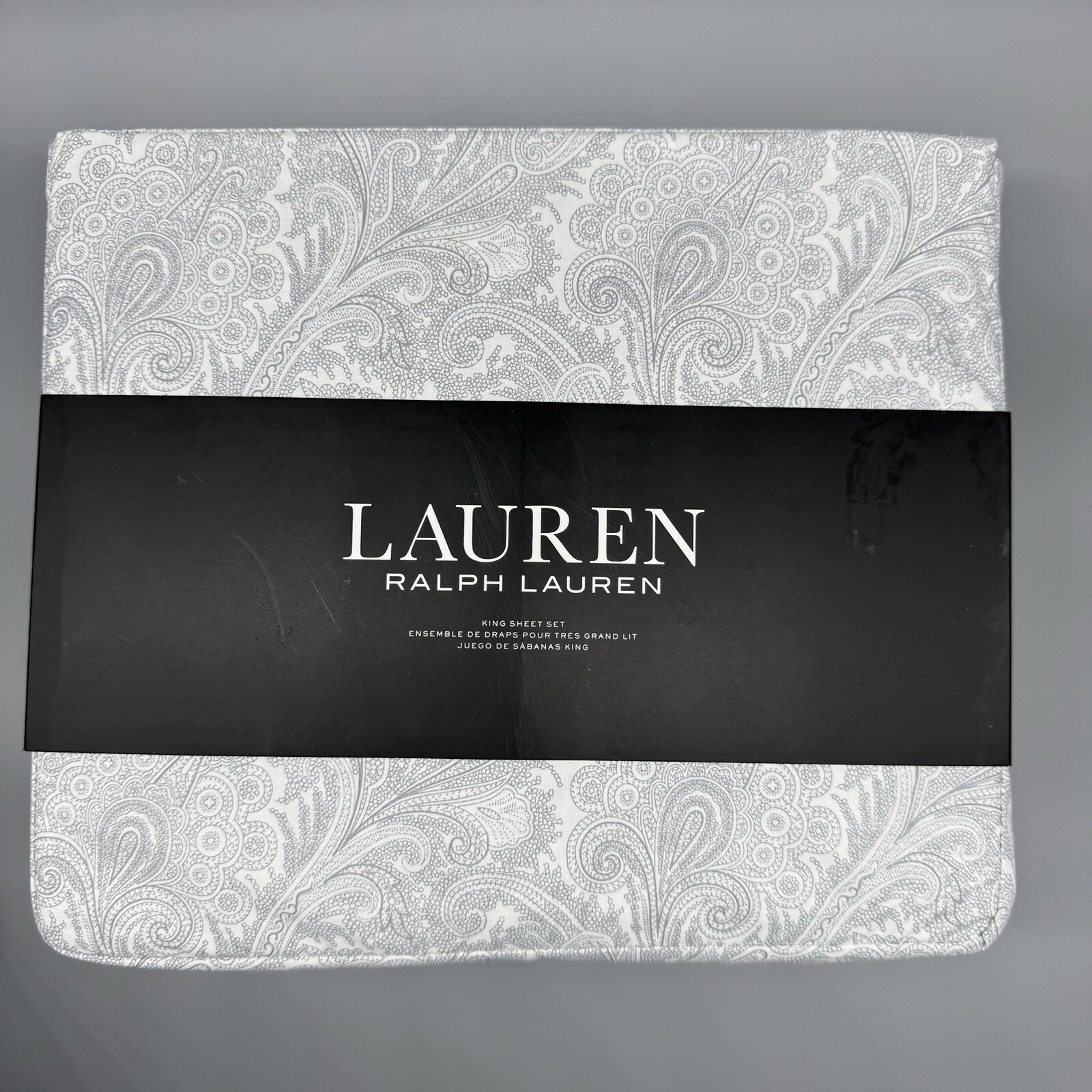 4pc Ralph Lauren Gray Paisley KING Sheet Set Off White Extra 18" Deep Mattress