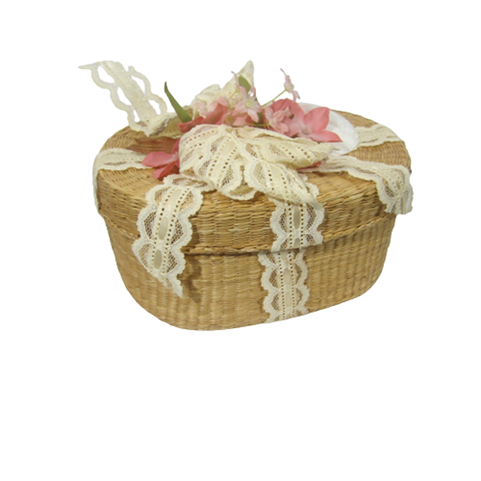 Vintage basket w lid oval decorated sweetgrass 80/90s lace shell floral 8"x6x3.5