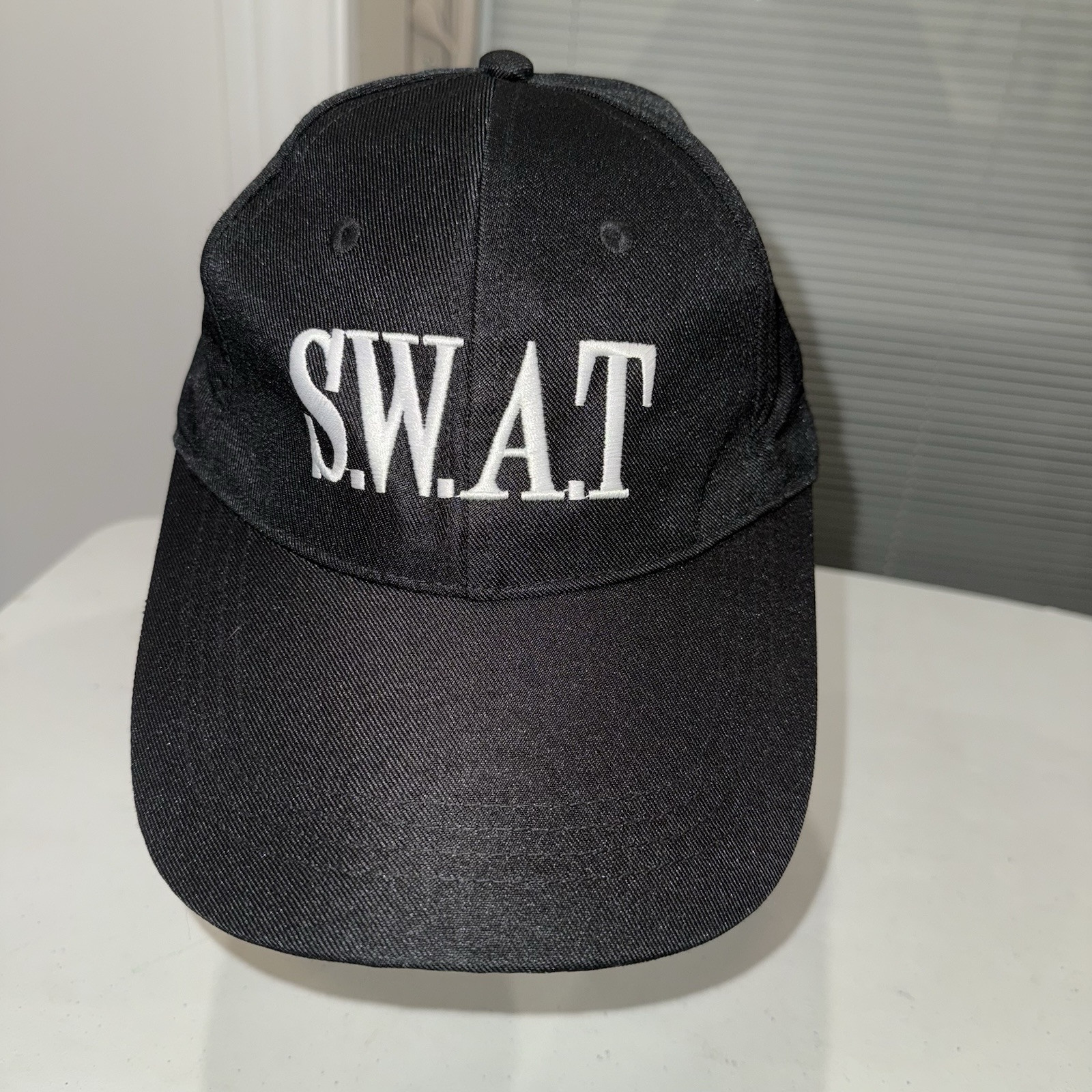 S.W.A.T. White Letters on Black Nylon Poly Hat Cap Hook Loop EUC
