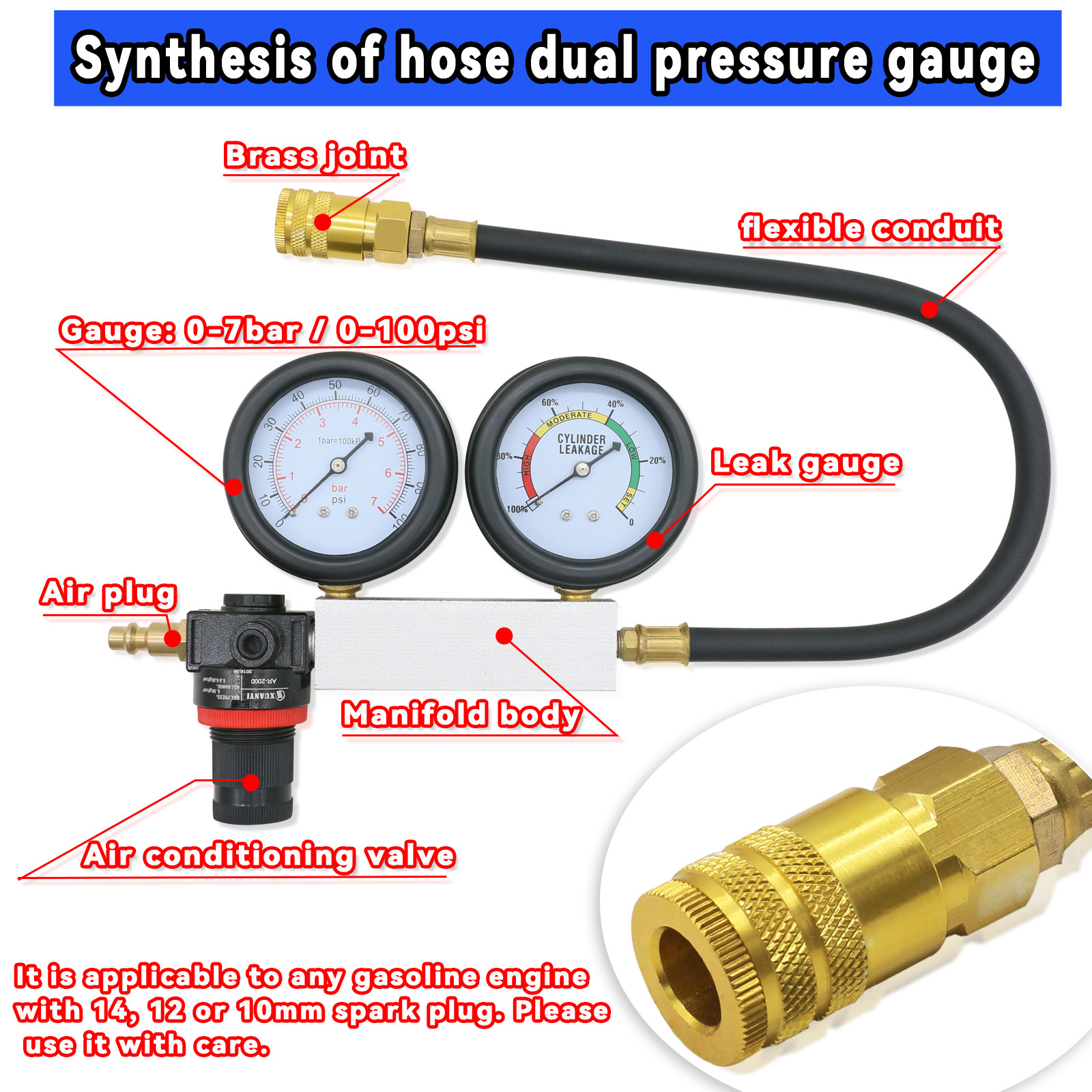 Cylinder Leak Down Tester Kit Engine Compression Test Leakage Detector Tool Set