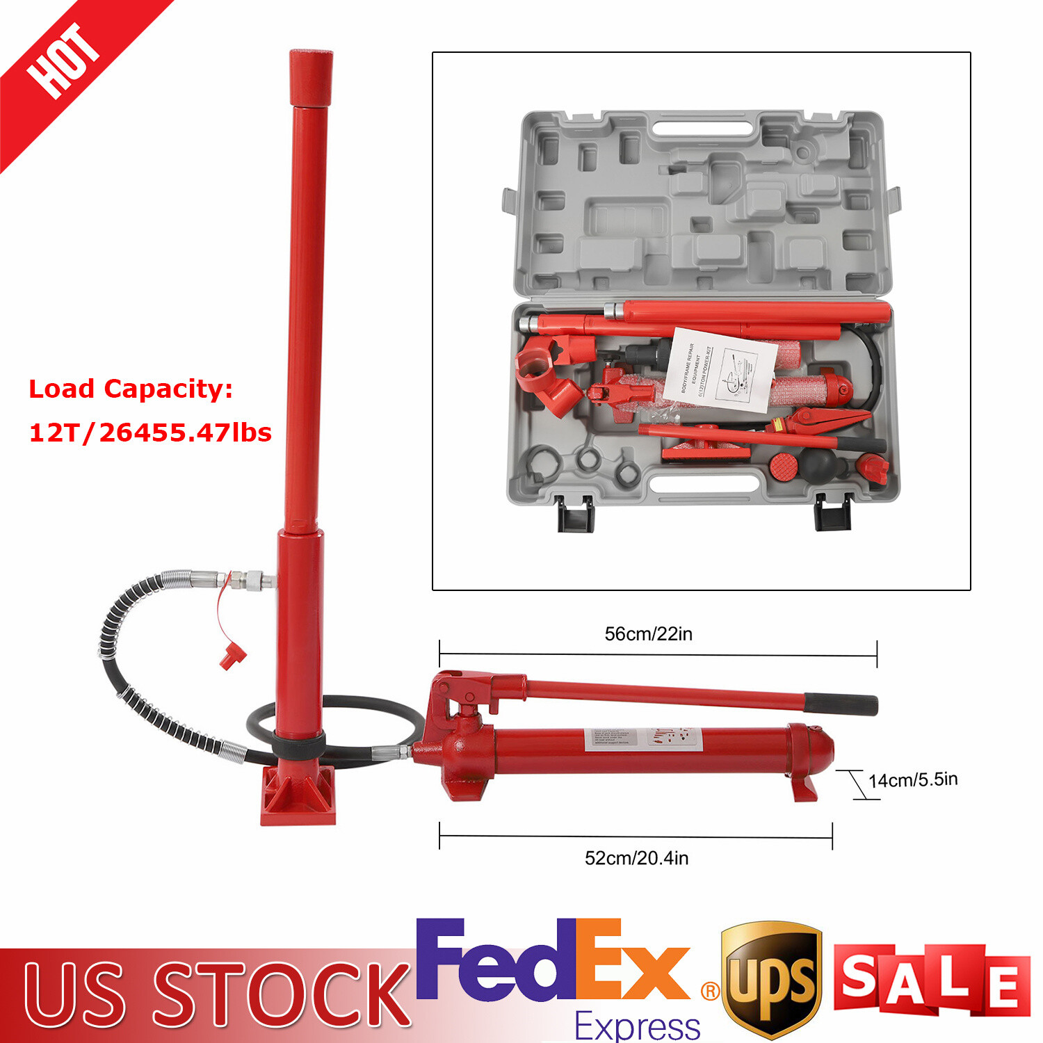 12 Ton Heavy Duty Porta Power Hydraulic Jack Auto Body Frame Repair Kit Lift Ram