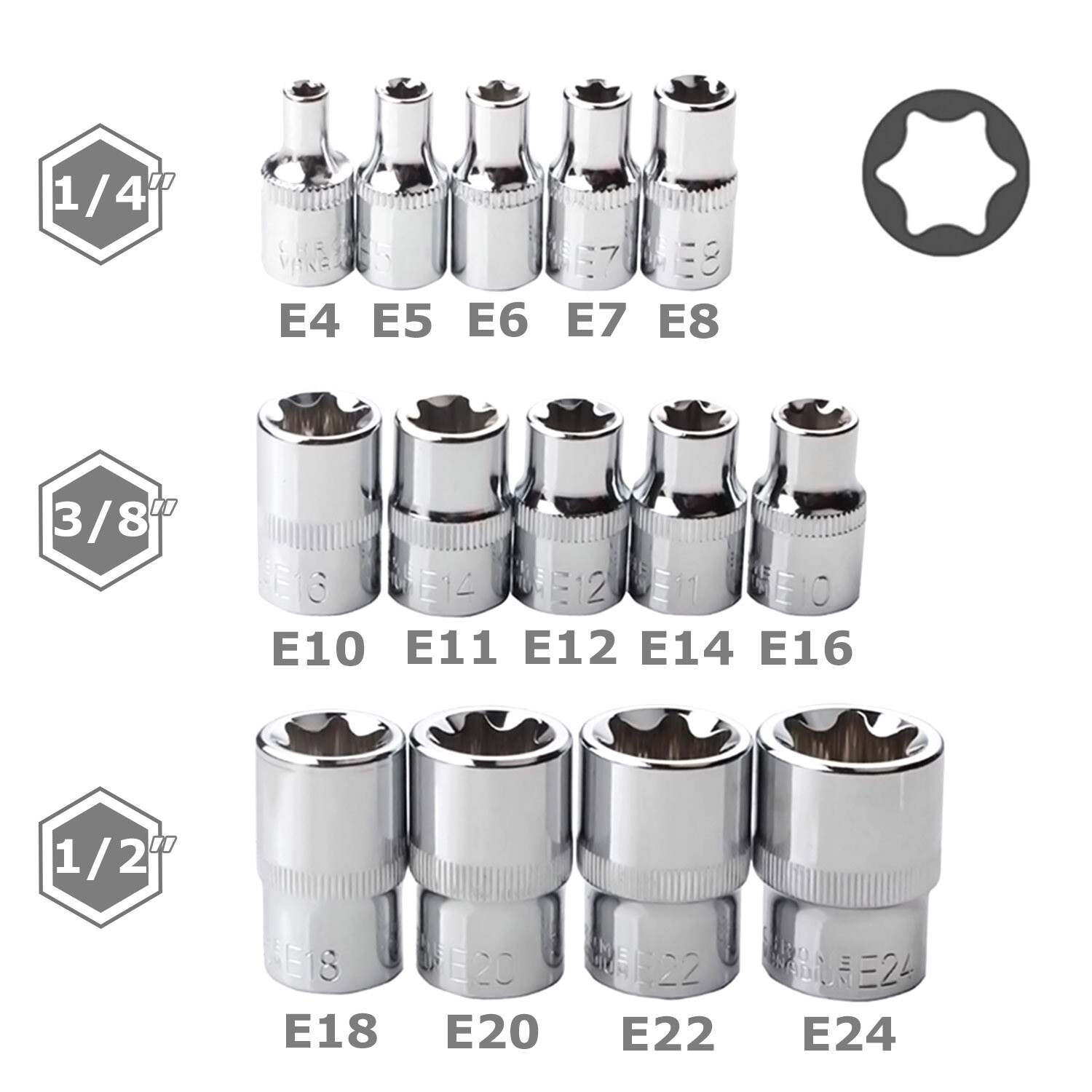 14 PCS E Torx Star Female Bit Socket Set 1/2" 3/8" 1/4" Drive E4 - E24 with Case
