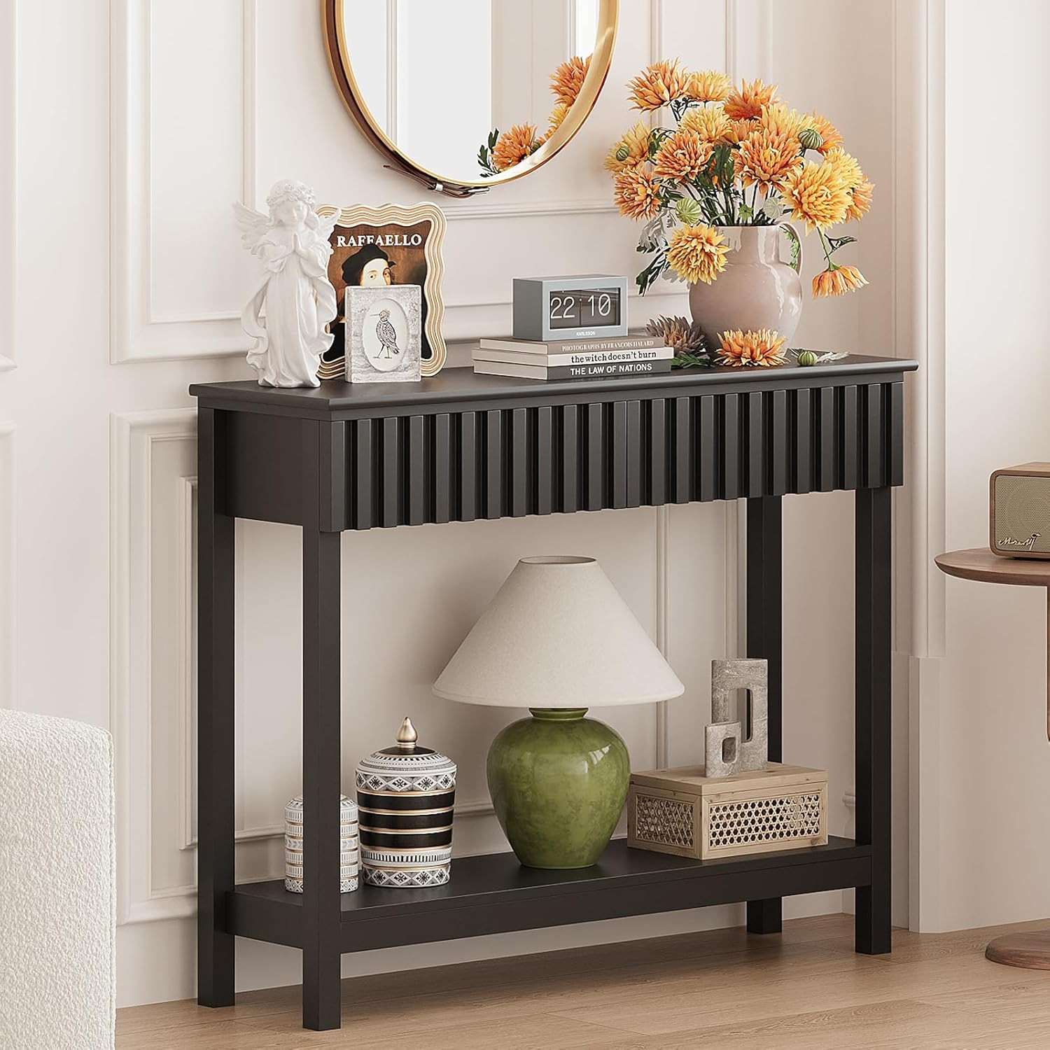 Fluted Console Table with 2 Drawers Narrow Sofa Table with Open Storage Shelf Mo