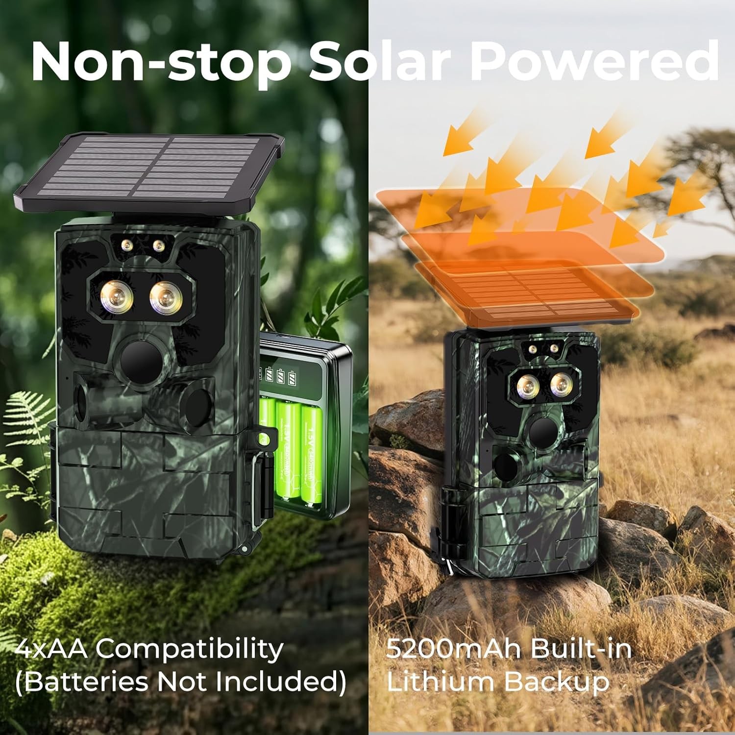 60MP Solar Trail Camera 4K Scouting Wildlife Hunting Game Cam Starlight Vision