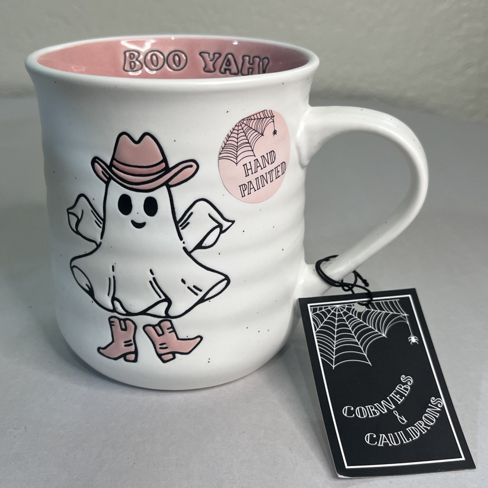 Cobwebs & Cauldrons Coffee Cup Mug Cowgirl Cowboy Ghost Pink White Halloween