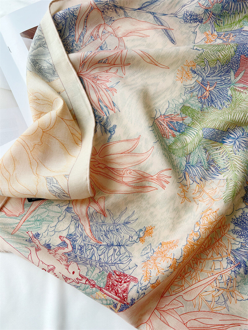 Pure 70% Cashmere 30% Silk Wrap Scarf Garden Flowers Double Face Print Shawl 53"