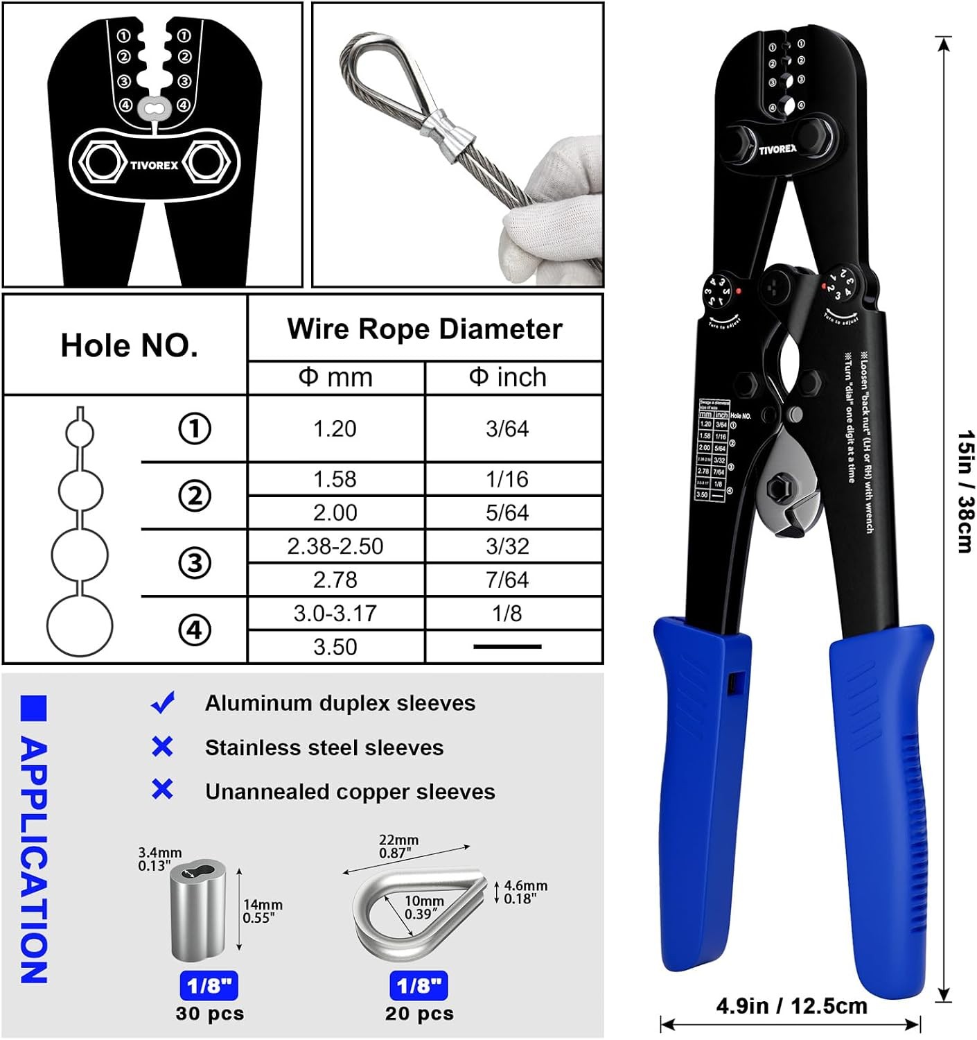 Tivorex Blue Crimping Tool Kit with Built-in Cutter, Swaging Tool for Loop Sleev
