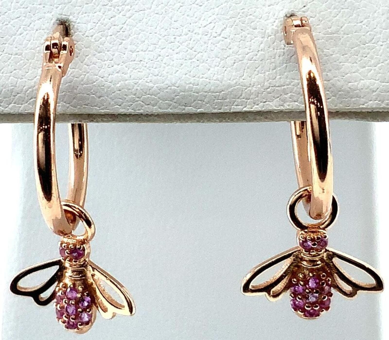 Vintage Sterling Silver Rose Gold Finish Pink Bee Charm Hoop Earrings Pink