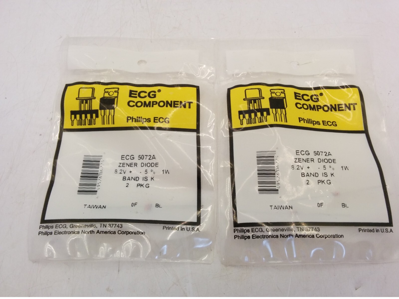PHILLIPS ECG5072A ZENER DIODE, 8.2V 1W, 2 PER PACKAGE (LOT OF 2) NIB
