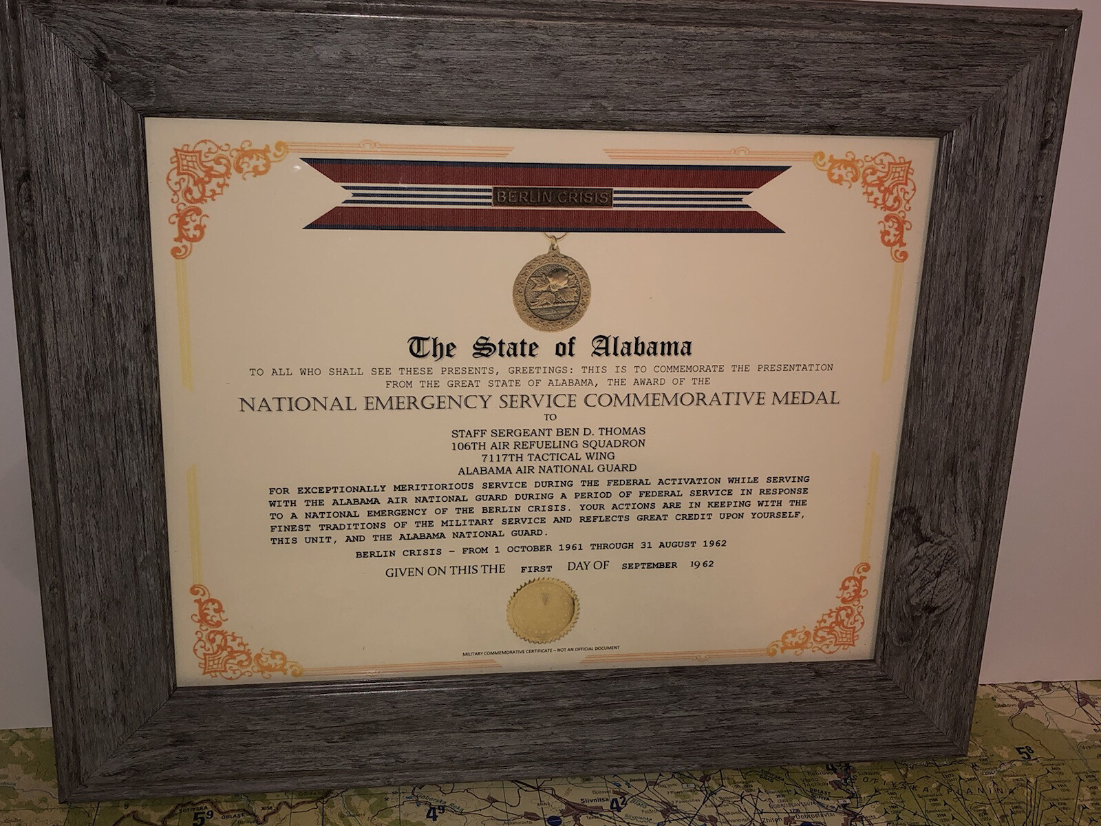 ALABAMA NATIONAL EMERGENCY SERVICE [BERLIN CRISIS] COMMEMORATIVE CERTIFICATE