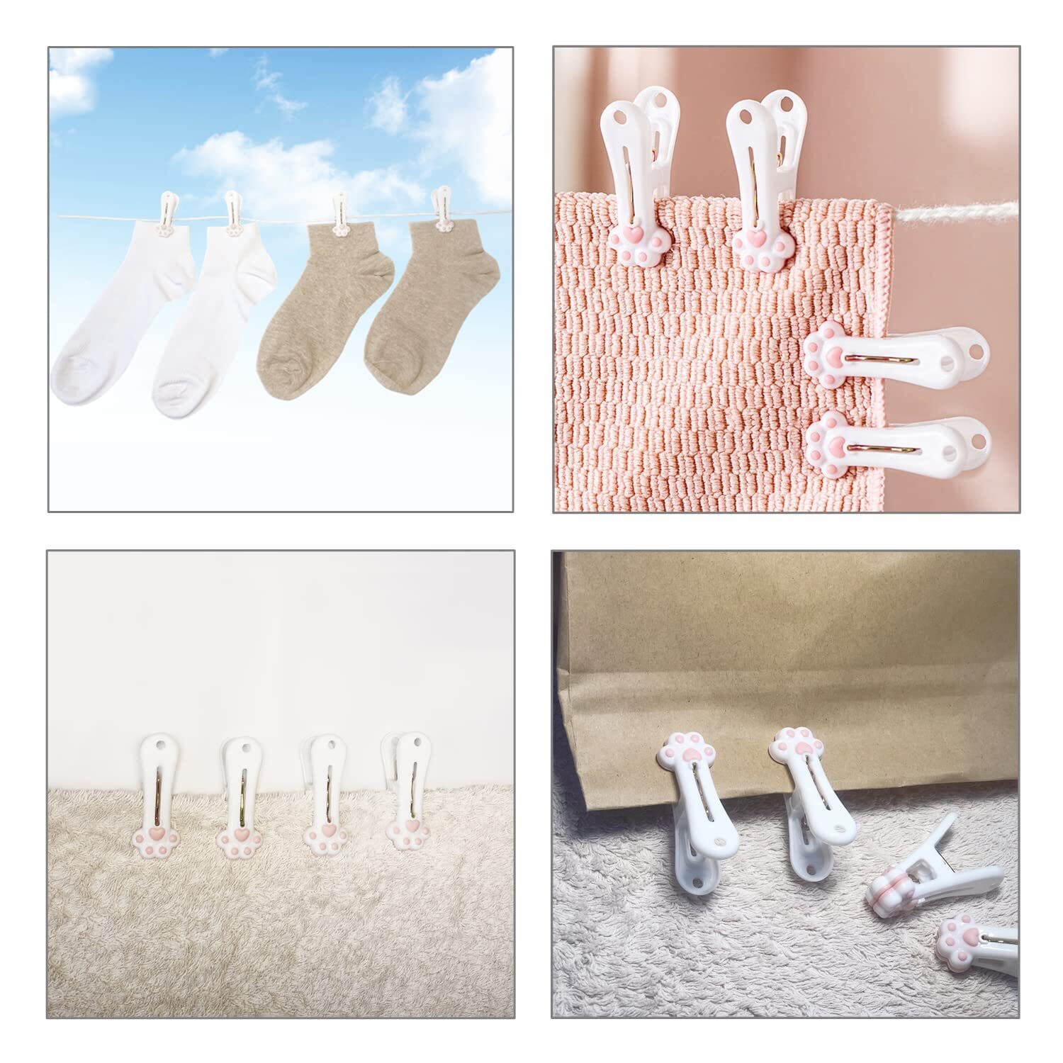 24 Pack Plastic Clothespins Cute Cat Claw Pattern Traceless Clothes Bag Clips