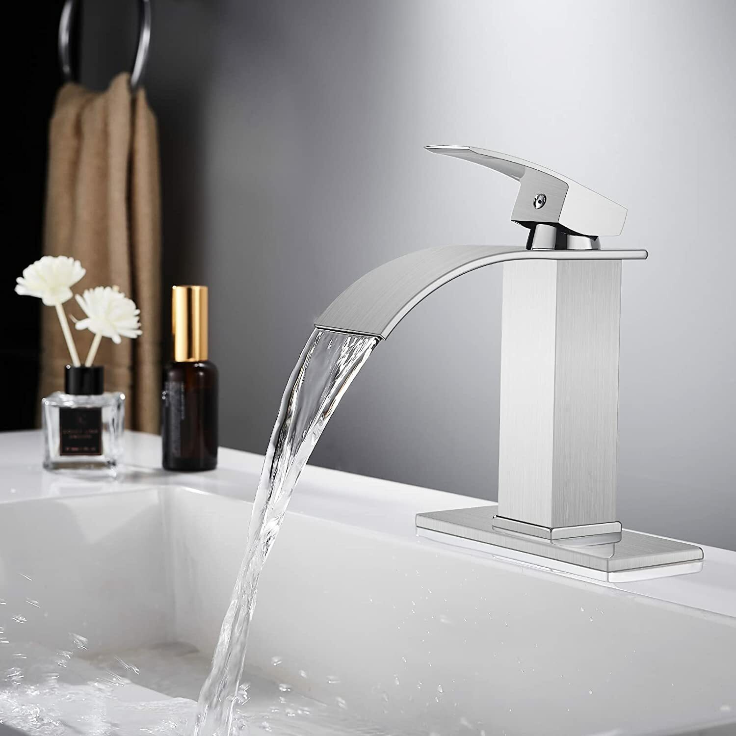 Waterfall Bathroom Sink Faucet Basin Lavatory Single Handle Mixer Tap W/6''Cover